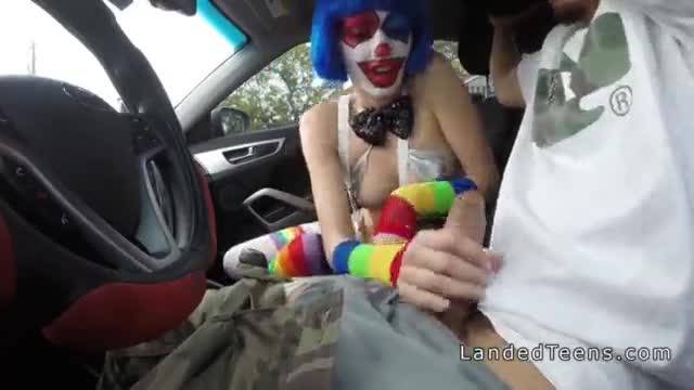 Stranded teen clown fucked in public pov