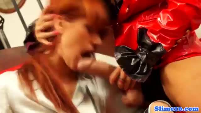 Femdom facializes redhead while bonded